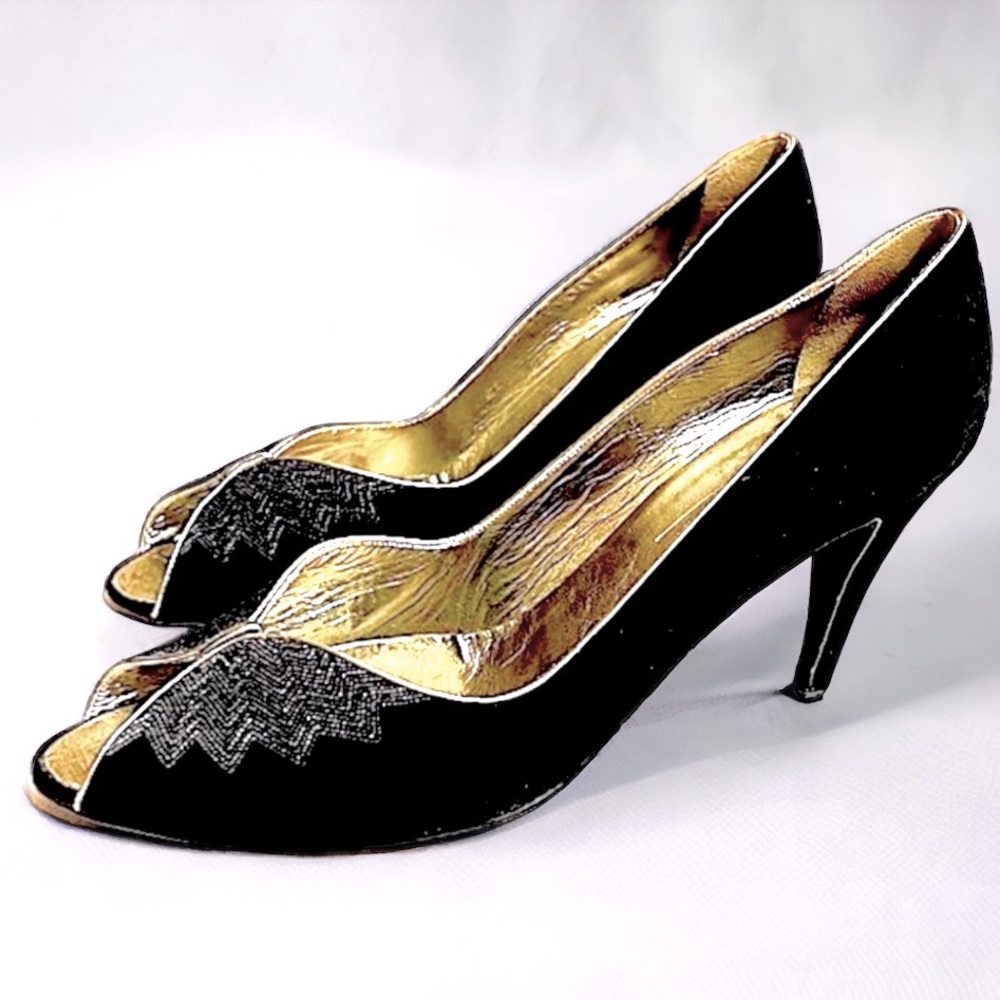 Bruno Magli Black and Gold Peep-Toe Pumps